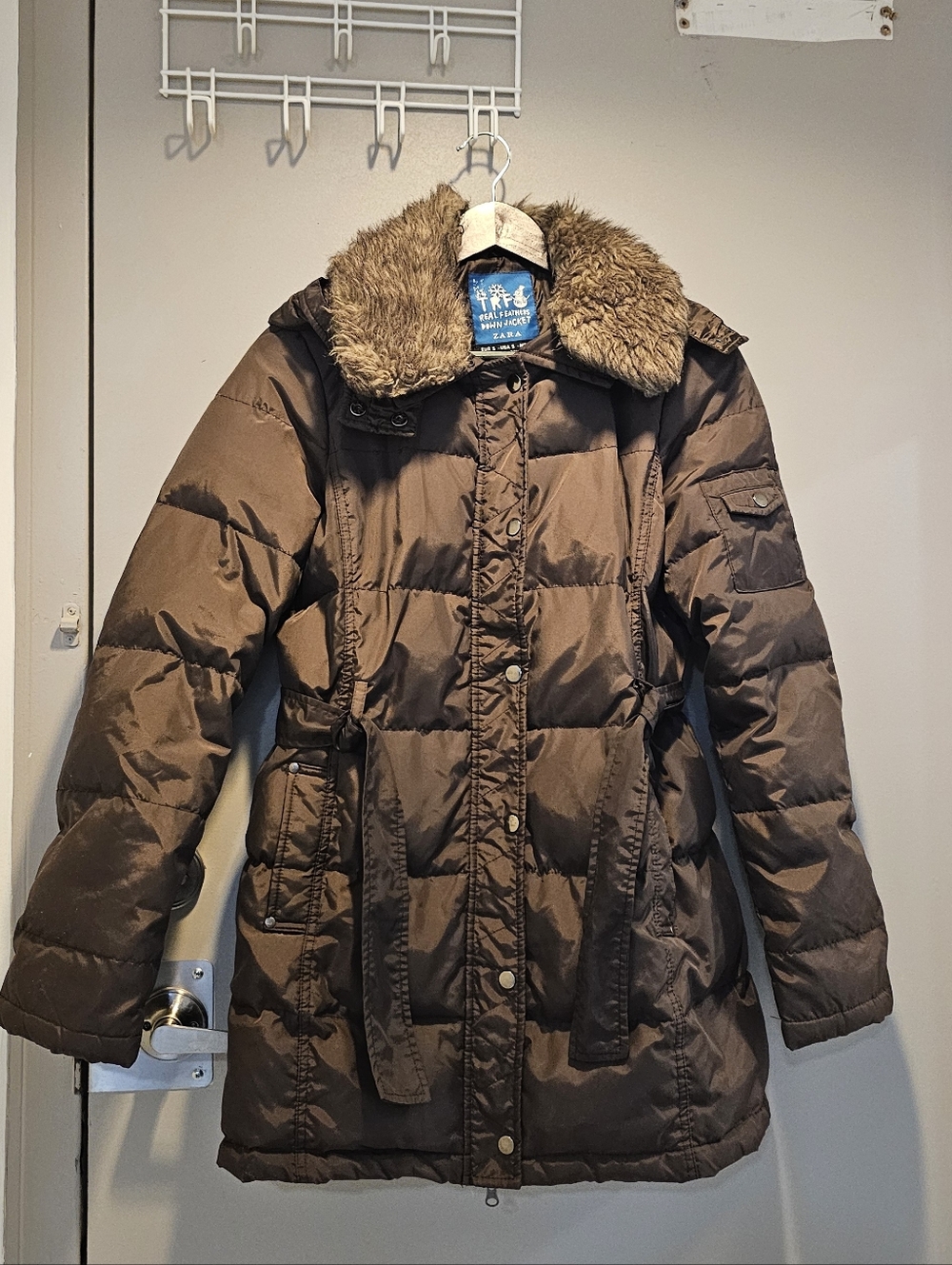 Real Down Jacket with Faux Fur Trim - Brown